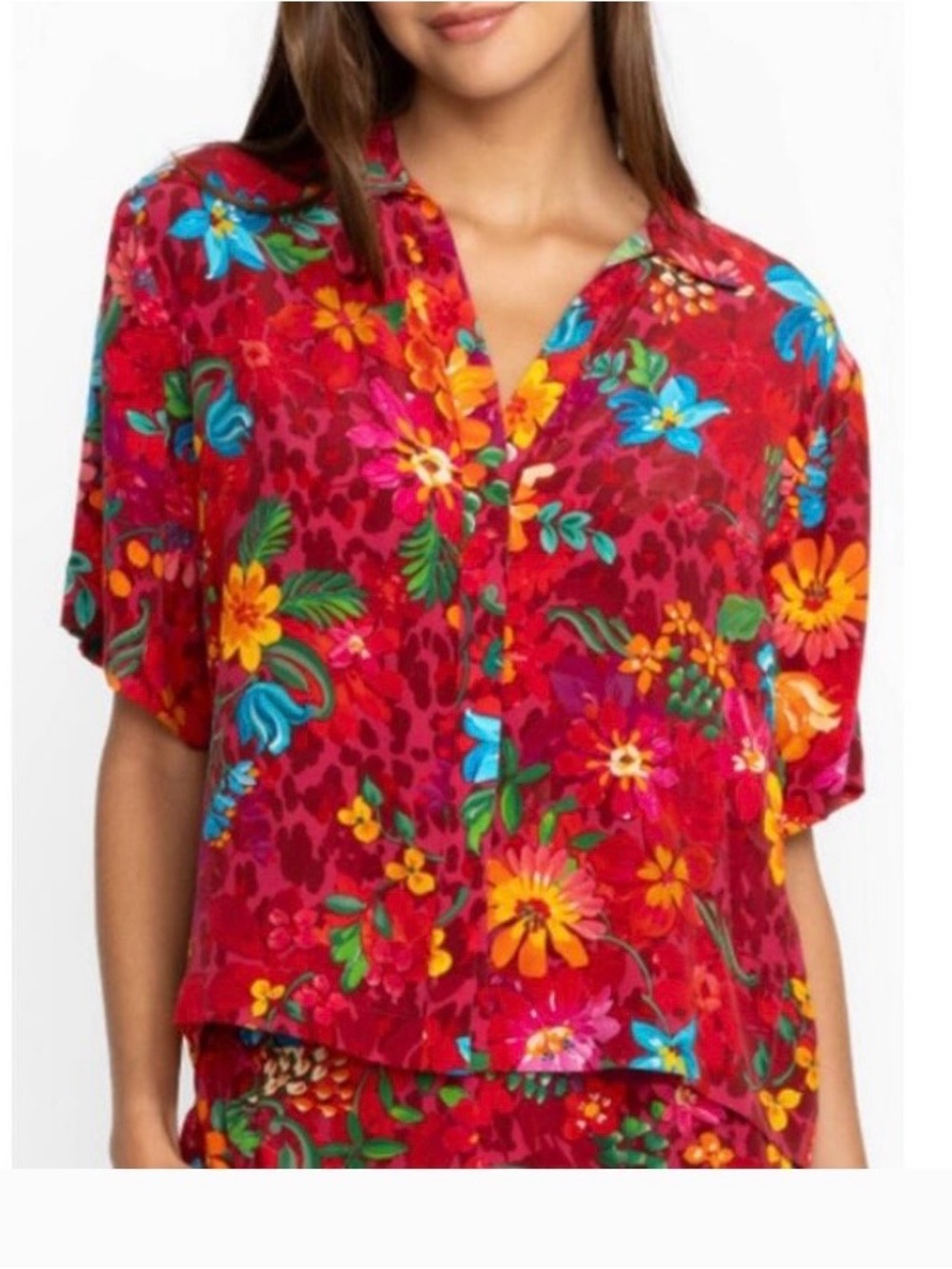Johnny Was Brooklyn Red Vibrant Floral Silk Blouse